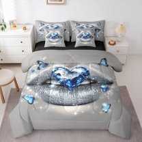 Feelyou Fashion Love Heart Bedding Comforter Set 7pcs, Bling Butterfly Queen Bedding Sets