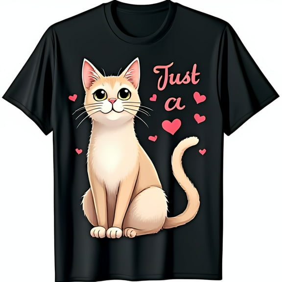Adorable Black T-Shirt with Cute Cartoon Cat & Heart Graphic for Cat Lovers