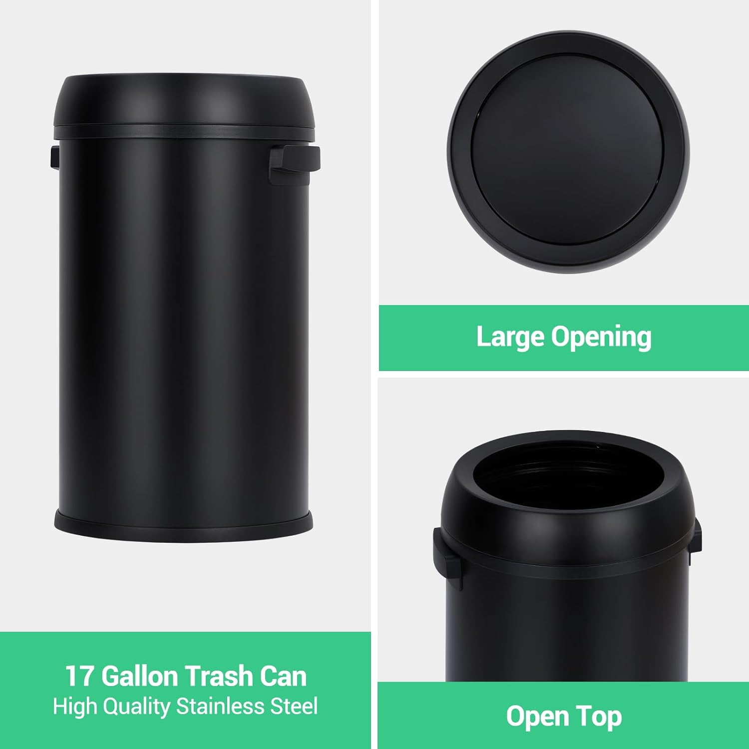 Garvee 17 Gallon Stainless Steel Round Trash Can with Open Lid, Fingerprint-Proof, Removable Inner Liner for Kitchen, Office, Living Room, or Bathroom, Black