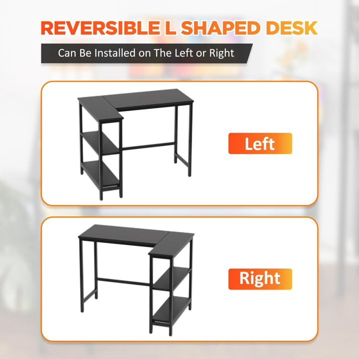 FDW 43 Inch L-Shaped Computer Desk with Metal Frame and Reversible Storage Shelves,Black