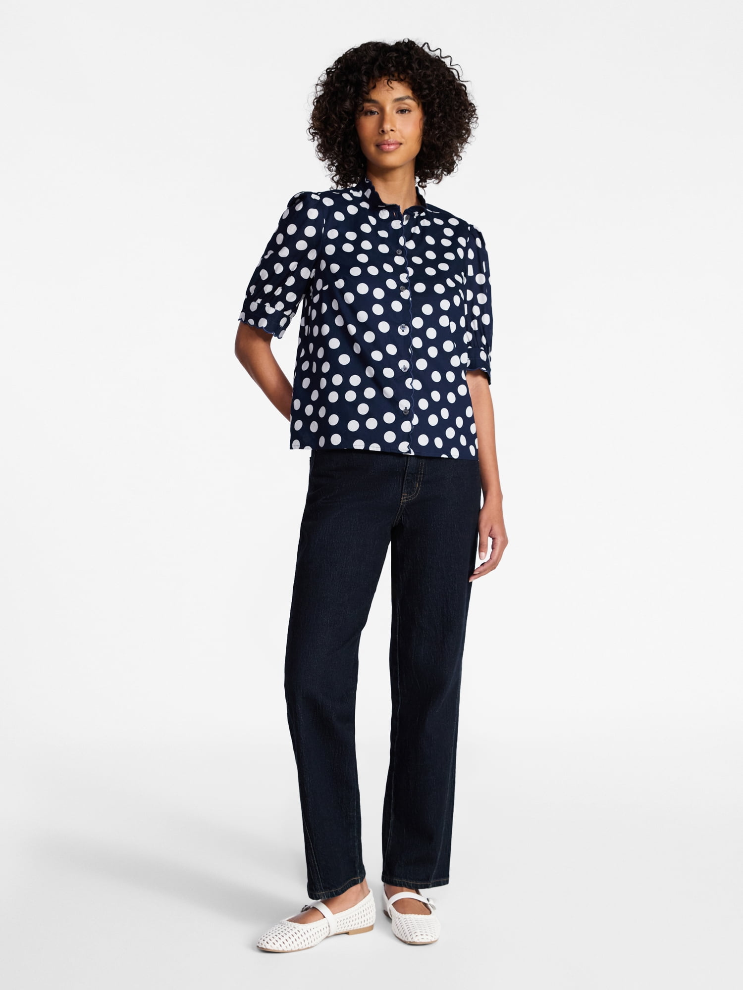Time and Tru Women's Scallop Trim Cotton Button Down Shirt with Short Sleeves, Sizes XS – XXXL