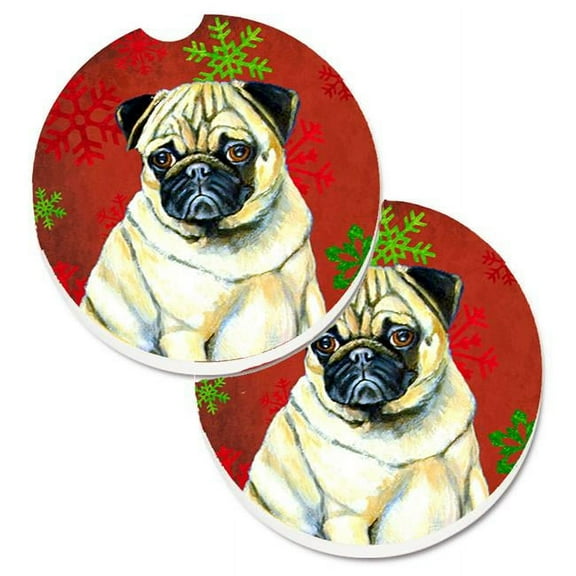 Pug Red & Green Snowflakes Holiday Christmas Set of 2 Cup Holder Car Coaster