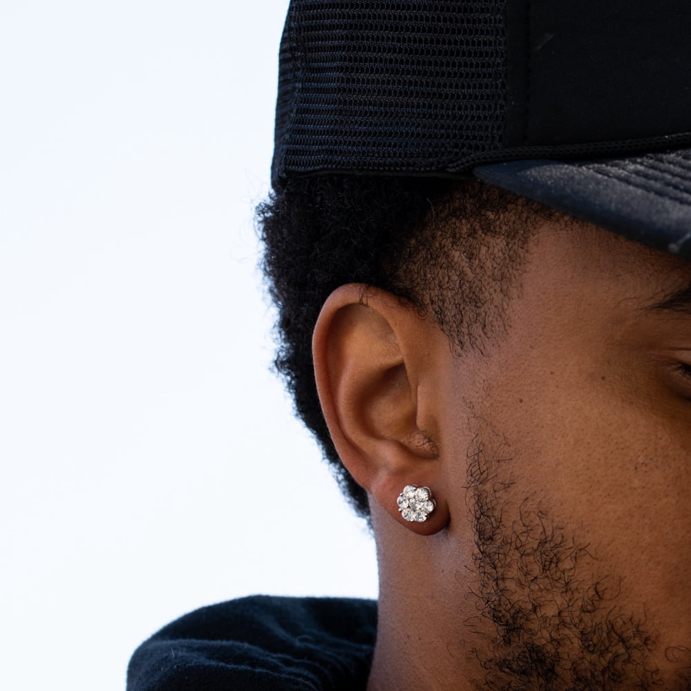 White Gold Plated 925 Sterling Silver Screw Back Post Women’s Men’s Iced CZ Round Flower Cluster Circle Hip Hop  Cubic Zirconia Stud Earrings