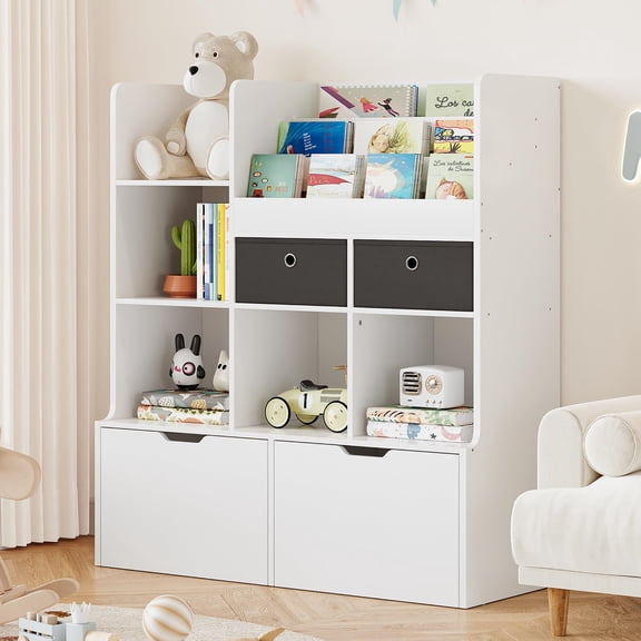Kids Bookshelf with Drawers 47.8in Large Bookcase Modern Toy Storage Organizer Floor Storage Cabinet with Cubbies Wooden Toy Chest Playroom, Classroom, Nursery, Kids Room