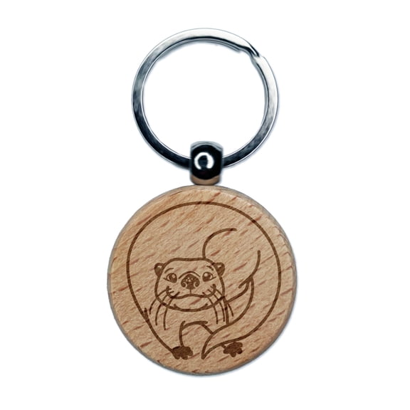 Mischievous River Otter Round Keychain Charm Tag - Engraved Wood