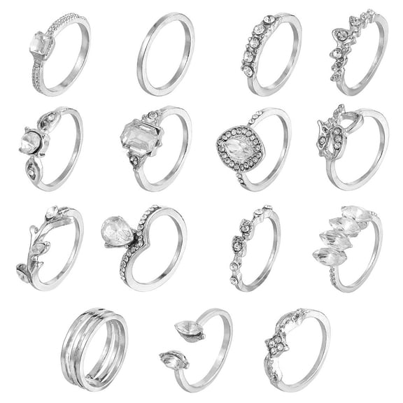 15Pcs 15 Style Rhinestone Teardrop & Horse Eye & Leaf Finger Rings Alloy Stackable Rings for Women Silver Inner Diameter: 12~16.5mm