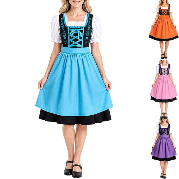 Womens Plus German Dirndl Dress Bavarian Oktoberfest Costume Embroidered Lace Up Corset Square Neck Puff Sleeve A Line Swing Dresses Tiered Hem, Blue, 5XL
