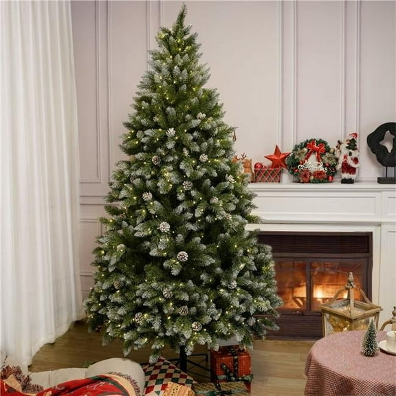 Direct Wicker PAT-001L-7FT-YJ 7FT Snow-Frosted Christmas Tree with Pine Cones and 500 Warm White LED Lights