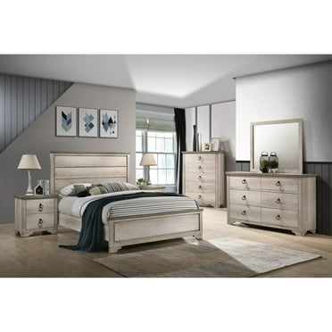 Rustic Style 5pc Panel King Size Bed Dresser Mirror 2x Nightstands Set Beige Finish Wooden Bedroom Furniture