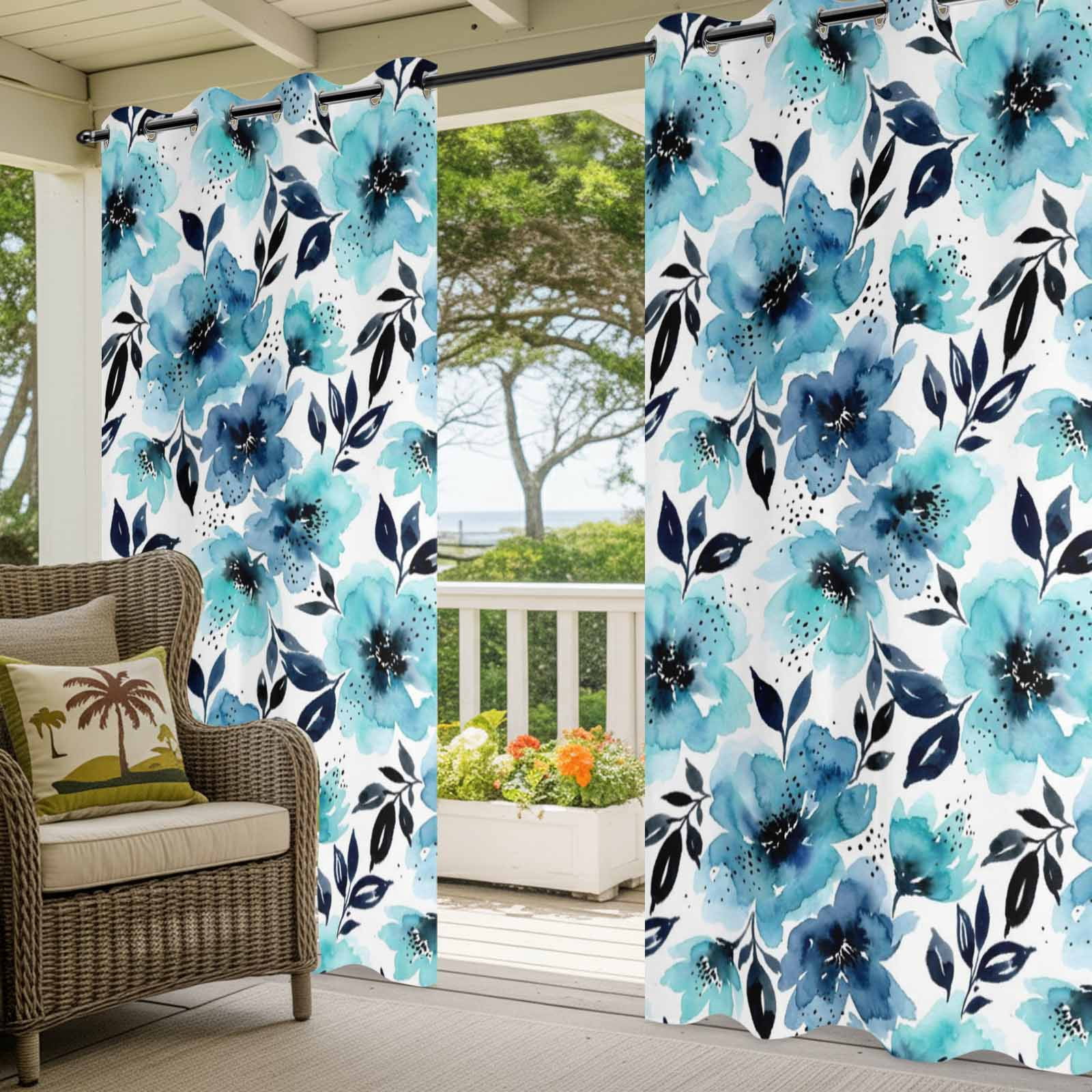 Botanical Floral Leaves Outdoor Curtains for Patio, Watercolor Painting Blue Gradient Blooms Sunshade Privacy Drapes Grommet Waterproof Outside Curtains for Porch/Cabana/Balcony 54"x 108", 1 Panel