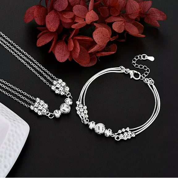 EOEMY 925 Sterling Silver Charm Beads Necklace Bracelet Jewelry For Women Set Wedding