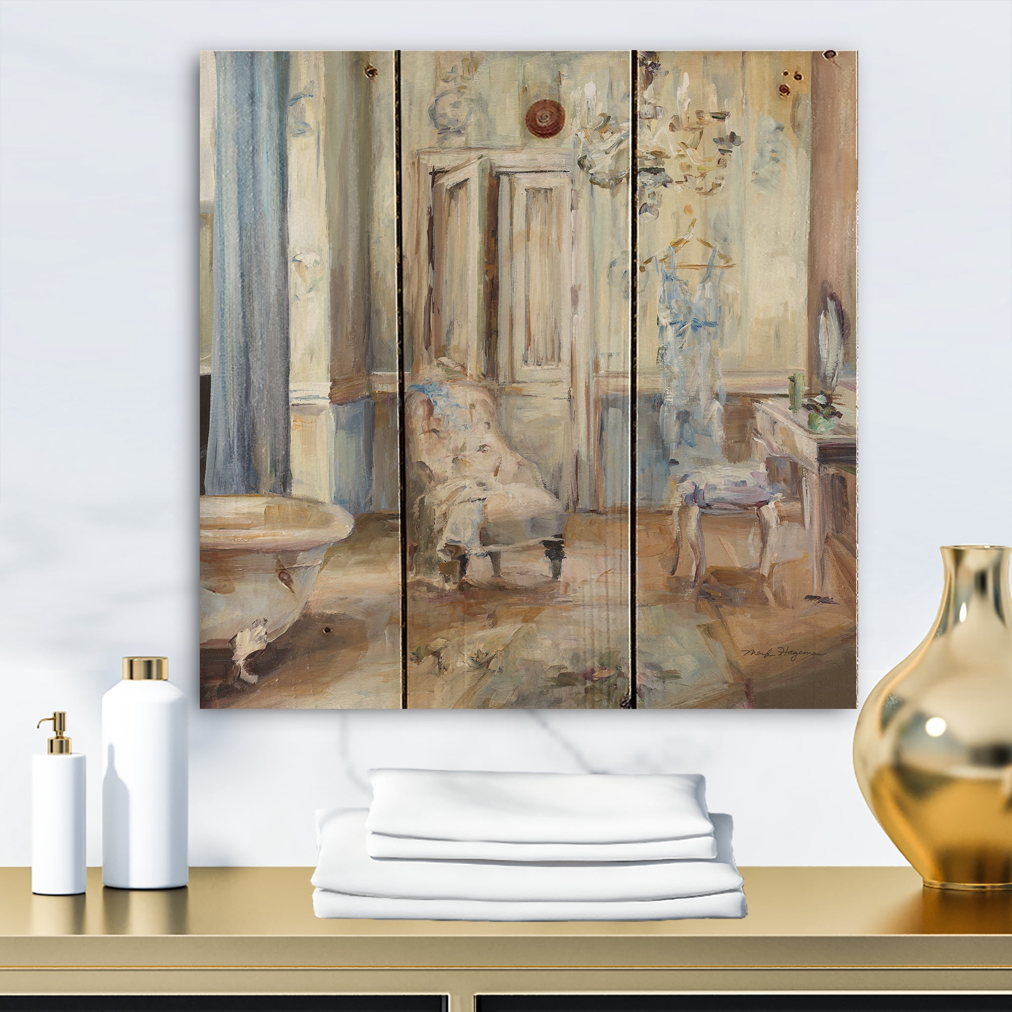 Designart 'French Boudoir Bath I' Traditional Bathroom Print on Natural Pine Wood