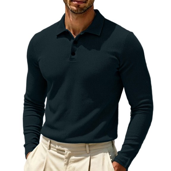Breeze Polo Shirts for Men Long Sleeve Belly Collared Textured Shirt | Stretchy quick dry golf casual cool tops, button down wearbreeze mens polo Navy M