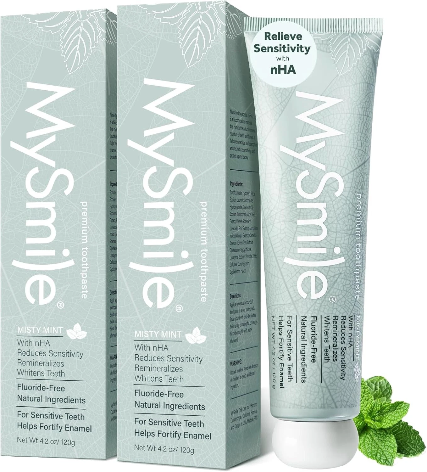 MySmile Anti-Sensitivity Toothpaste for Adults, 10% Nano-Hydroxyapatite Tooth Paste, Fluoride-Free Teeth Whitening Toothpaste, Repair Enamel & Remineralizer, SLS-Free, Natural Misty Mint, 8.4oz