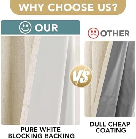 Linen Curtains 100% Blackout Curtains for Bedroom 90 inch Long Full Light Blocking Nature Linen Blended Window Curtains for Living Room Nickel Grommet (2 Panels, Bleached Sand)