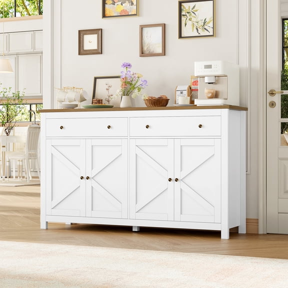 Homfa Farmhouse Kitchen Sideboard, 4-Doors 2-Drawers Wood Buffet Cabinet with Adjustable Shelves, White