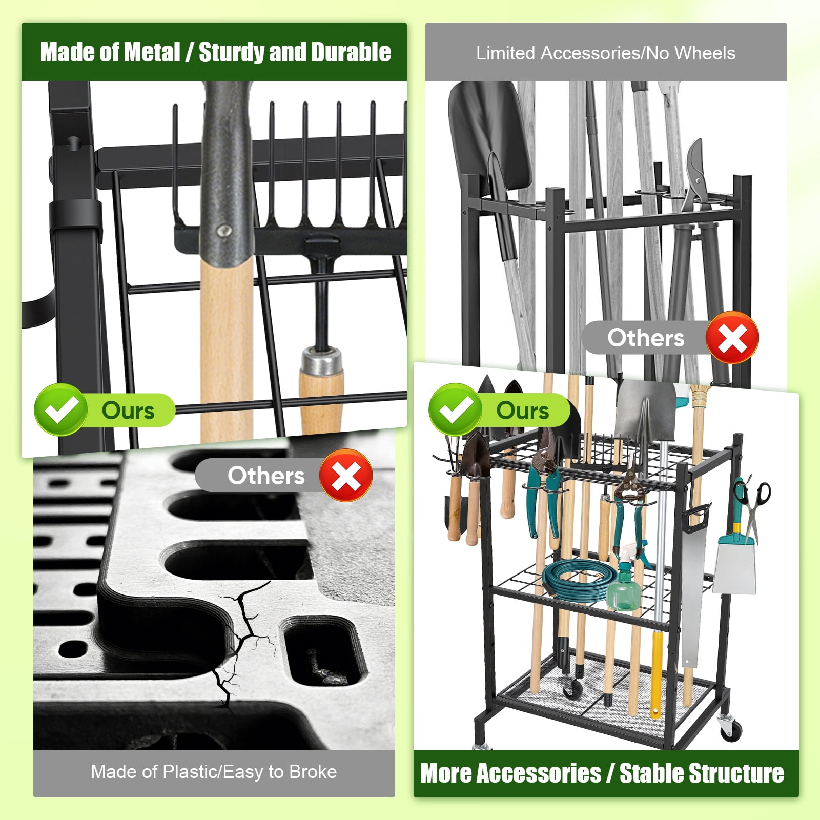 RELOIVE Garden Tool Organizer with Wheels, Metal Yard Tool Rack with Hooks for Garage Storage,Heavy-Duty Storage Holder for Yard Backyard