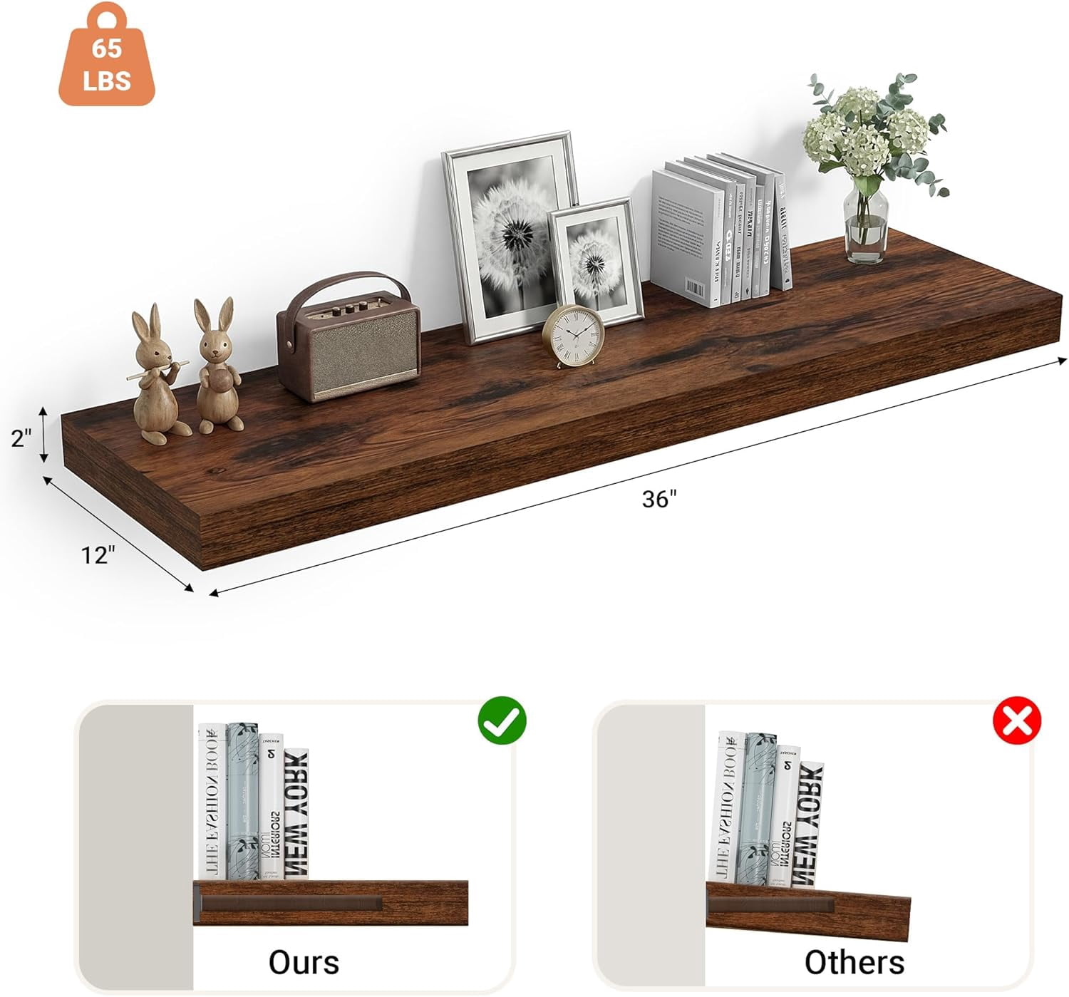 12" Deep Floating Shelves, 36 x 12 Inch Wall Mounted Long Floating Shelf with Invisible Brackets, for Home Decor, Bedroom, Kitchen, Living Room, Bathroom - 1 Pack, Rustic Brown