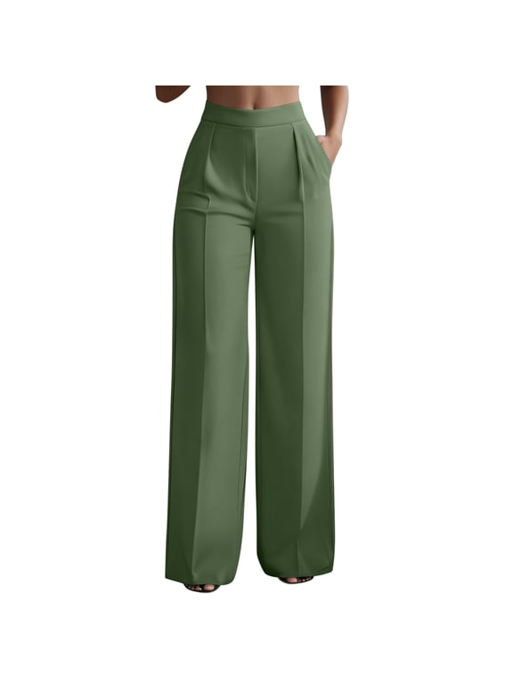 Women's High Waisted Work Dress Pants, Elegant Pleated Straight Leg Plain Business Casual Trousers with Pockets