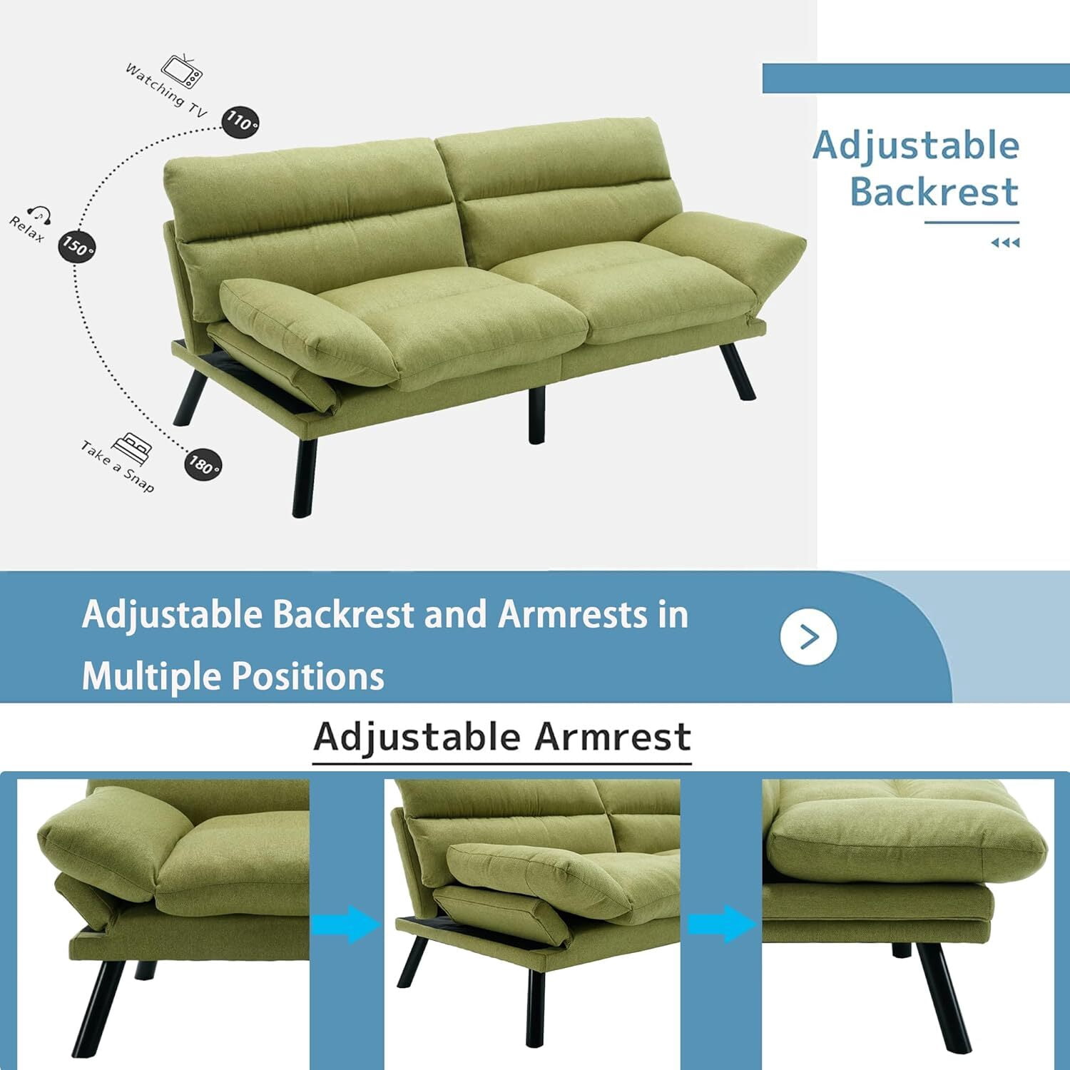 AENKYO Futon Loveseat Sofa Bed 2-Seater, Adjustable Backrest Convertible Sleeper - Green