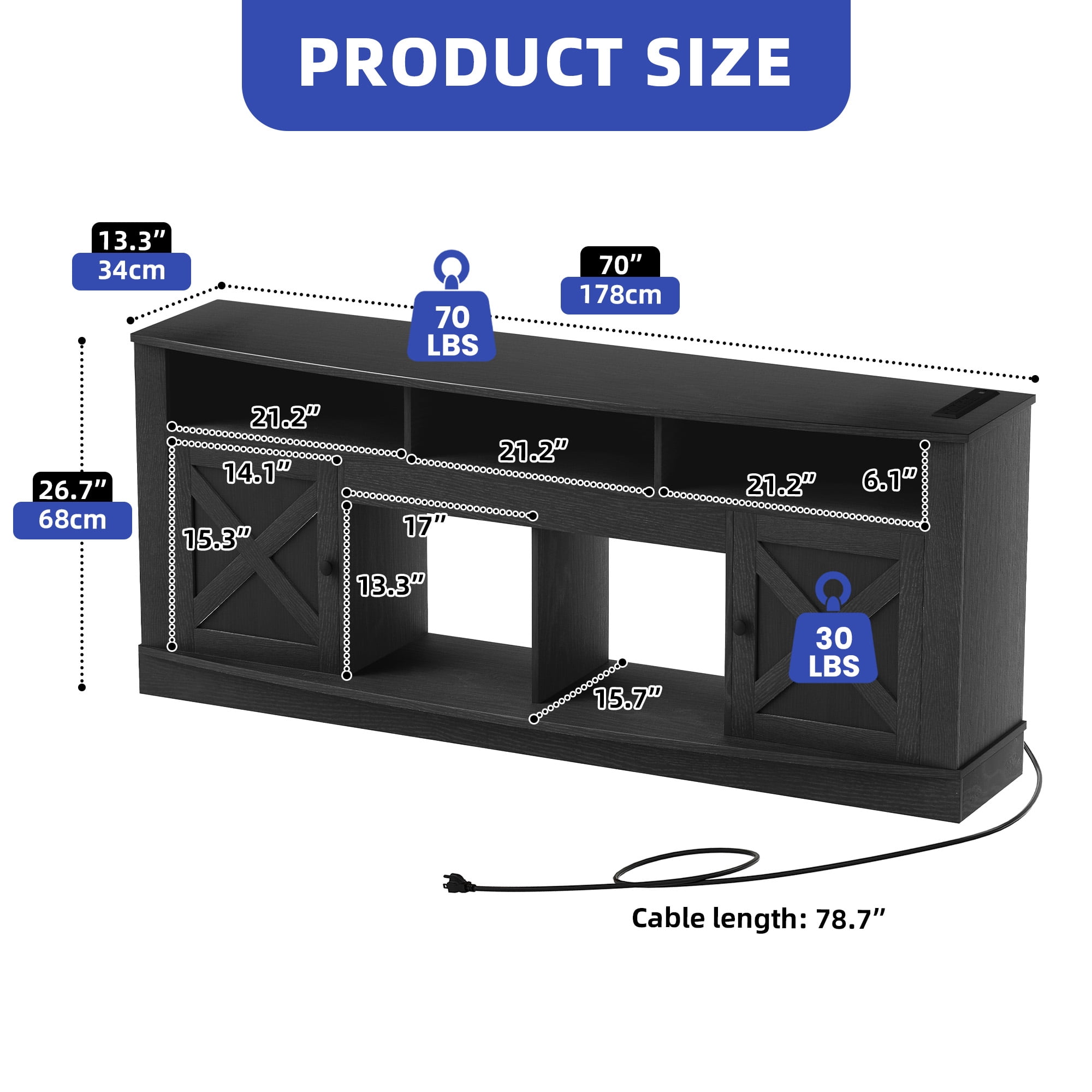Uforic 70 Inch White Farmhouse TV Stand Suitable for TVs up to 80 Inches for Living Room, Black