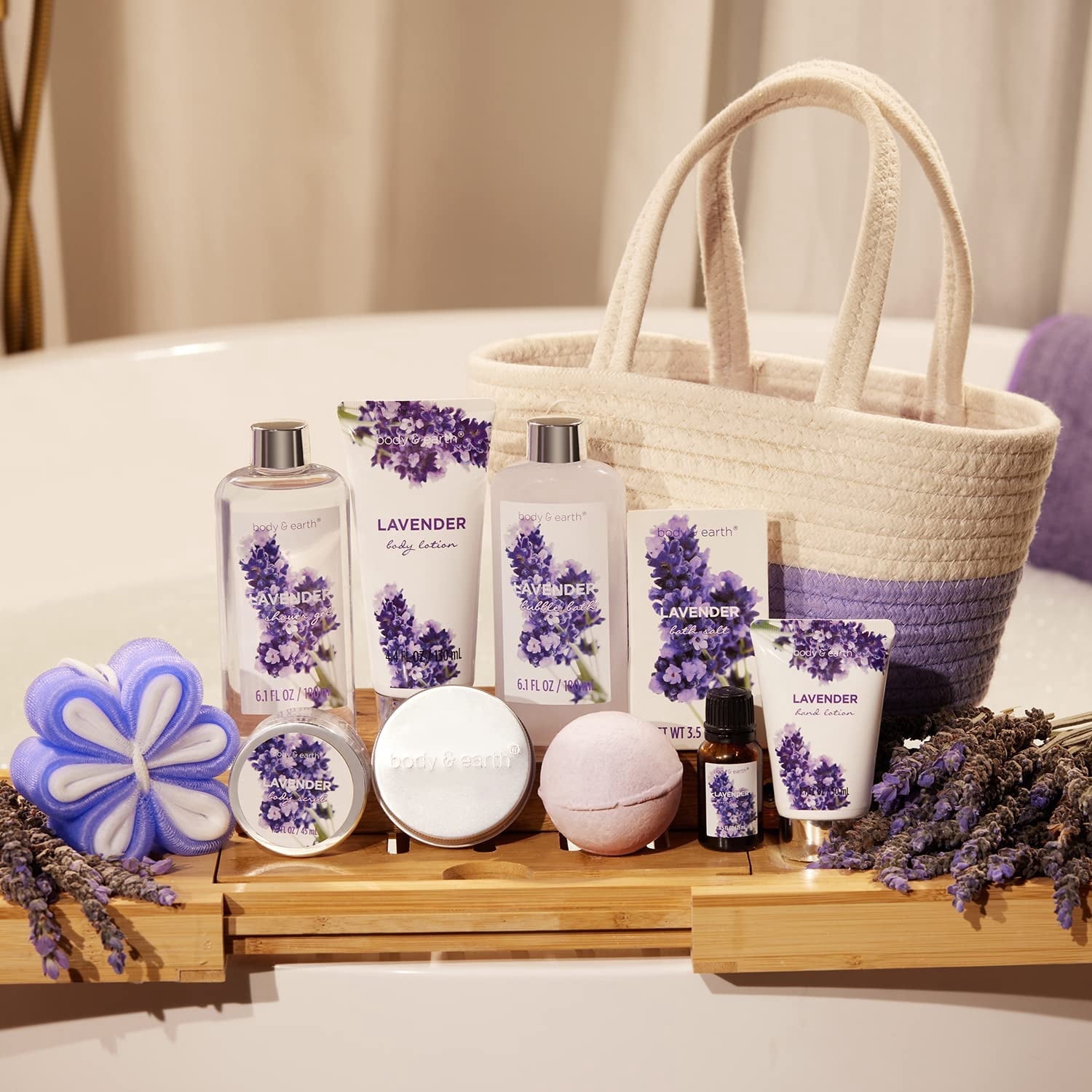 Body & Earth Bath Gift Sets for Women - 11 Pcs Lavender Spa Basket Kits, Luxury Self Care Holiday Beauty Birthday Gifts for Her