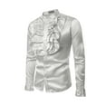 thumbnail image 2 of Aojekbee Men Satin Ruffle Shirts, Long Sleeve Stand Collar Solid Color Slim Fit Dress Shirt, 2 of 10