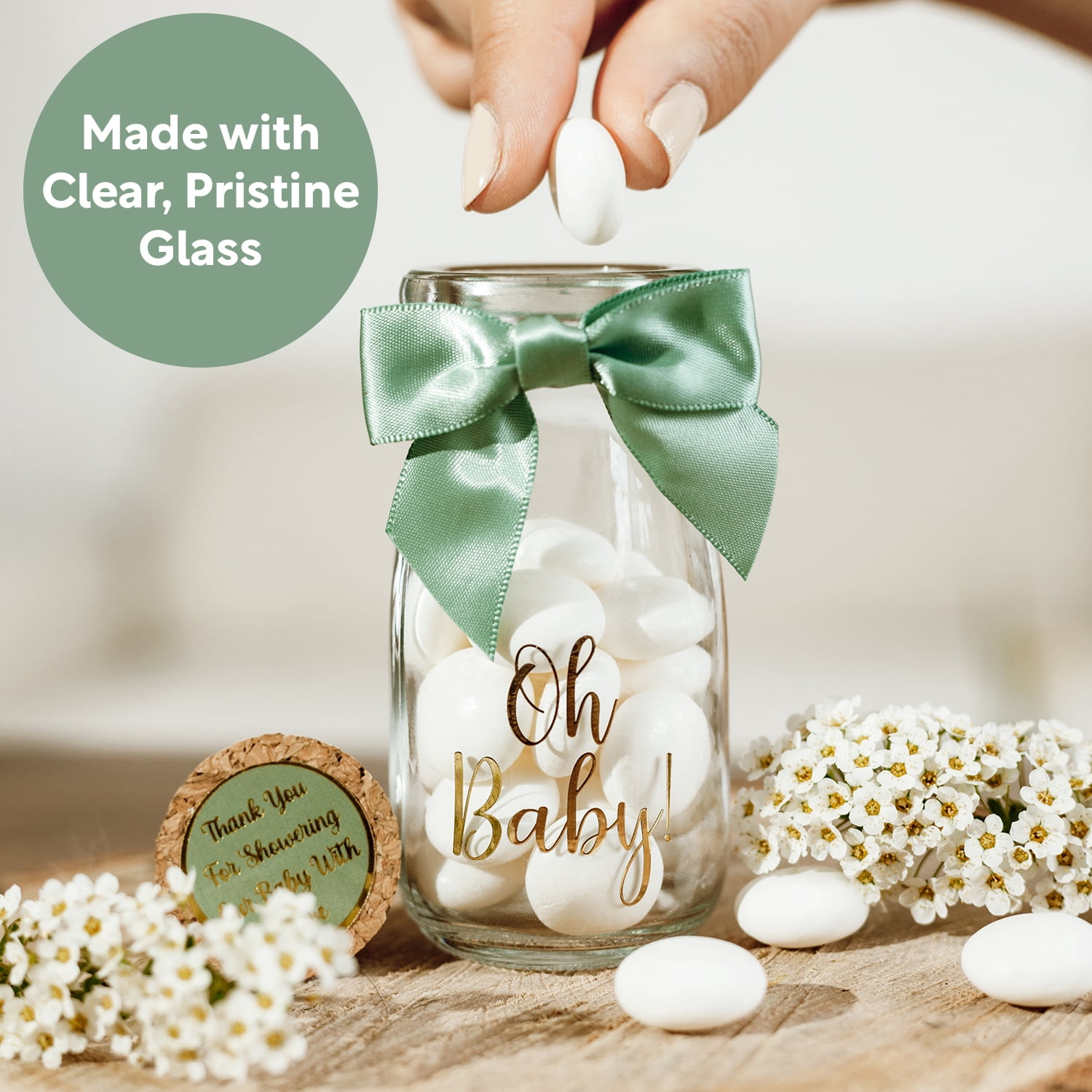 Vintage 12 Pack Oh Baby Woodland Milk Glass Bottles with Ribbons and Stickers - Classy Baby Shower Favors for Guests and Table Centerpieces - Gender Neutral Eucalyptus Decoration - Safari Theme