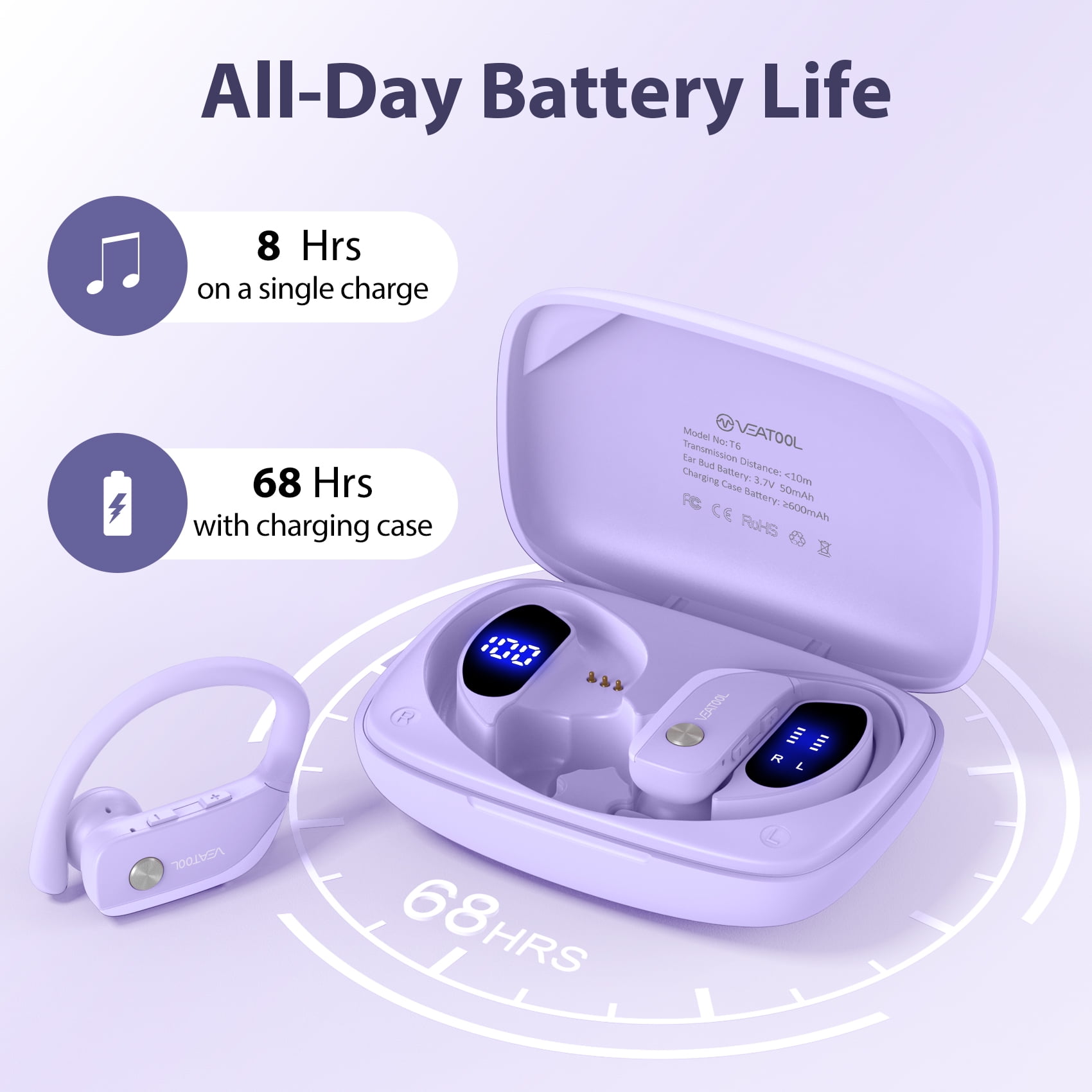 VEATOOL Wireless Earbuds Bluetooth 6.0 Sport 200Hrs Earhook 6 ENC Mic IP68 Waterproof Workout Running