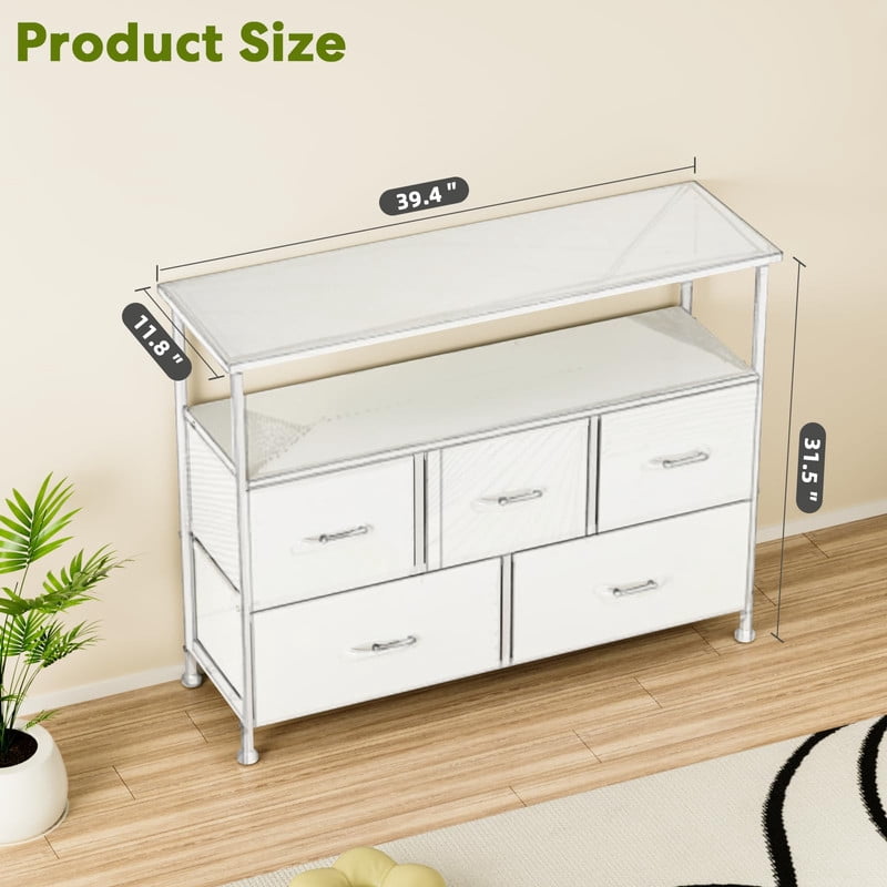 Simple Deluxe Adult TV Stand Dresser with 5 Fabric Drawers, Open Shelf and Wood Top for 45-Inch TV, White