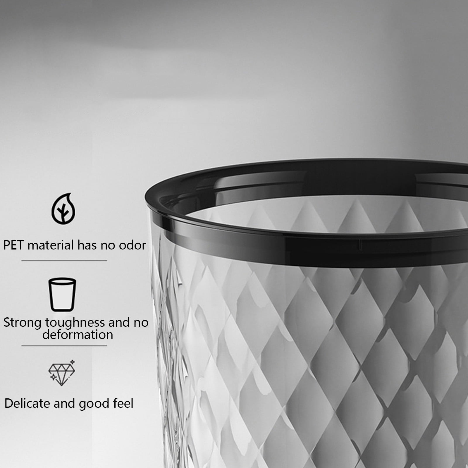 Transparent Wastebasket with Large Capacity Sturdy Trash Can for Living Room Kitchen Bathroom Bedroom Modern Slim 9.44*11.41in Includes 1 Rubbish Bin Black