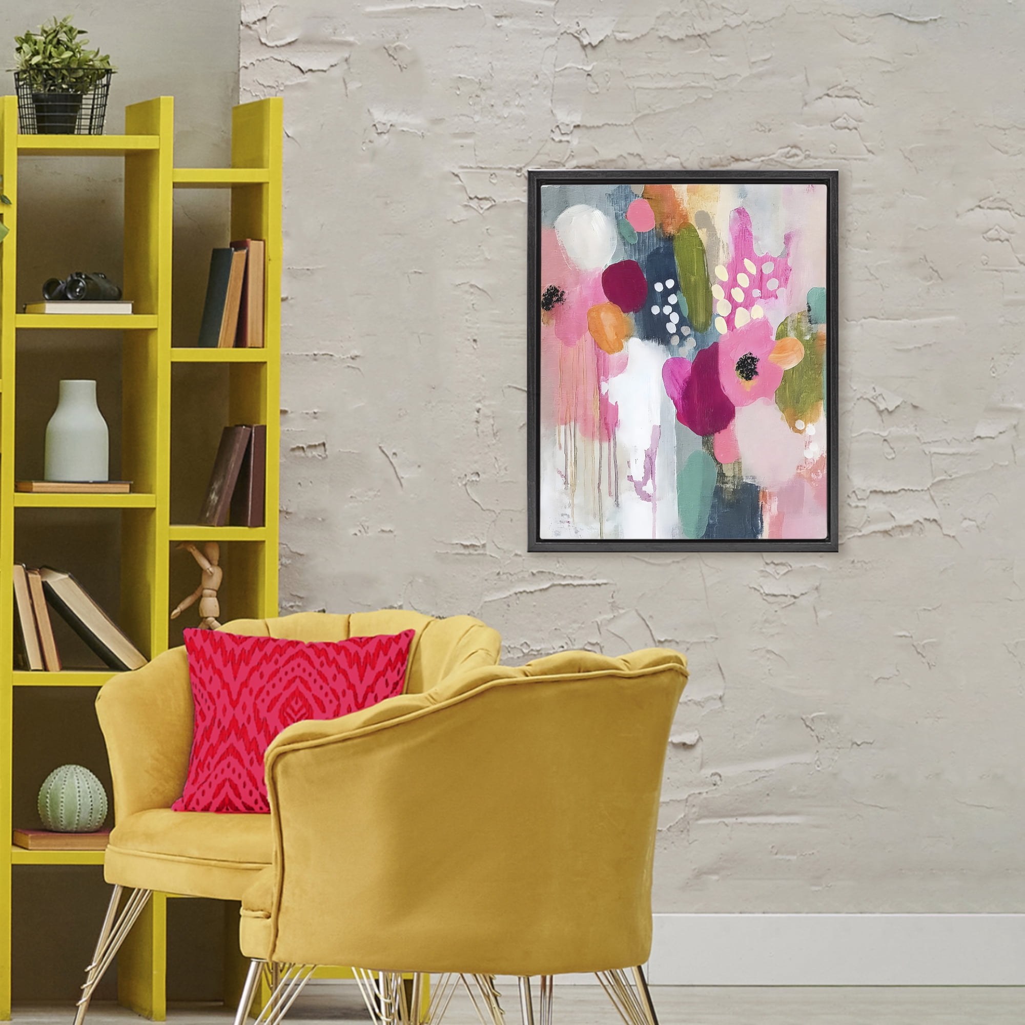 Stupell Industries Paint Drip Blooms Cascade Black Framed Floater Canvas Wall Art, design by Riley B