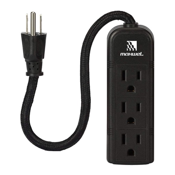 Regleta para montaje en pared - Listado ETL 3 tomacorrientes con conexión a tierra Cable corto trenzado de 10 pulgadas Mini regletas negras sin protector contra sobretensiones Tomacorrientes CA 13A 12