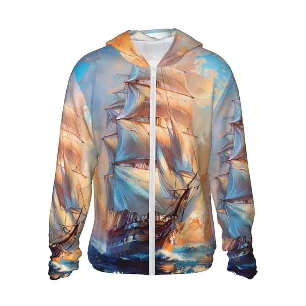 Fotbe Sailing Ship Ocean Sunset Chaqueta con Protección Solar UPF 50+ para Hombre y Mujer, Camisa con Capucha y Bolsillos-Medium