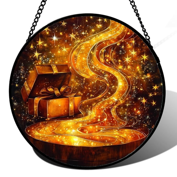 Stained Glass Window Hanging - Gold Star Ribbon Gift Box Suncatcher for Doors Home Christmas Decoration Winter Sun Catcher Thanksgiving New Year Birthday Gift for Women Men Mom Nana