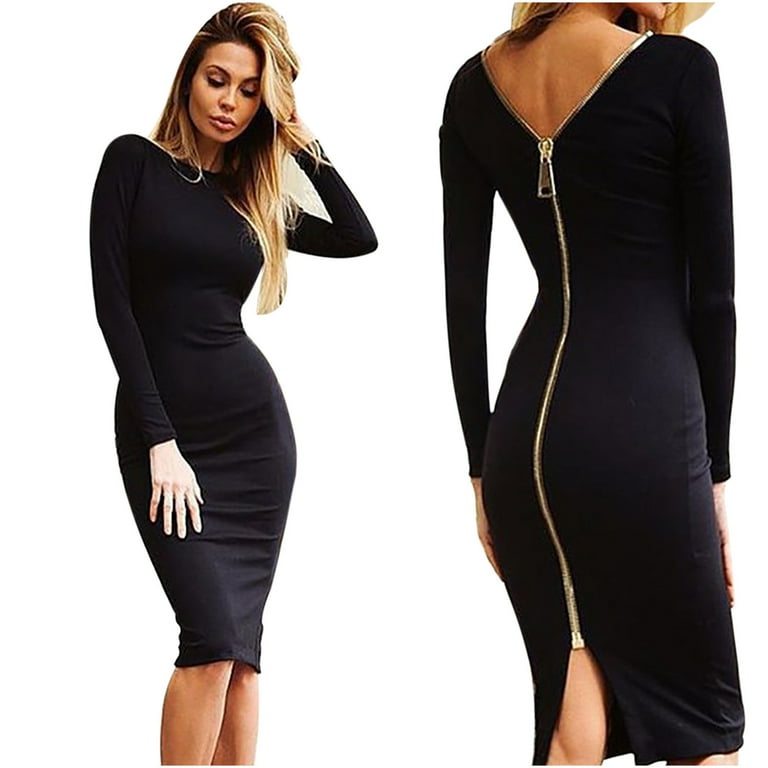 Fashion Solid Long Sleeve Zipper Bodycon Dress Fashion Solid Long Sleeve Zipper Bodycon Dress