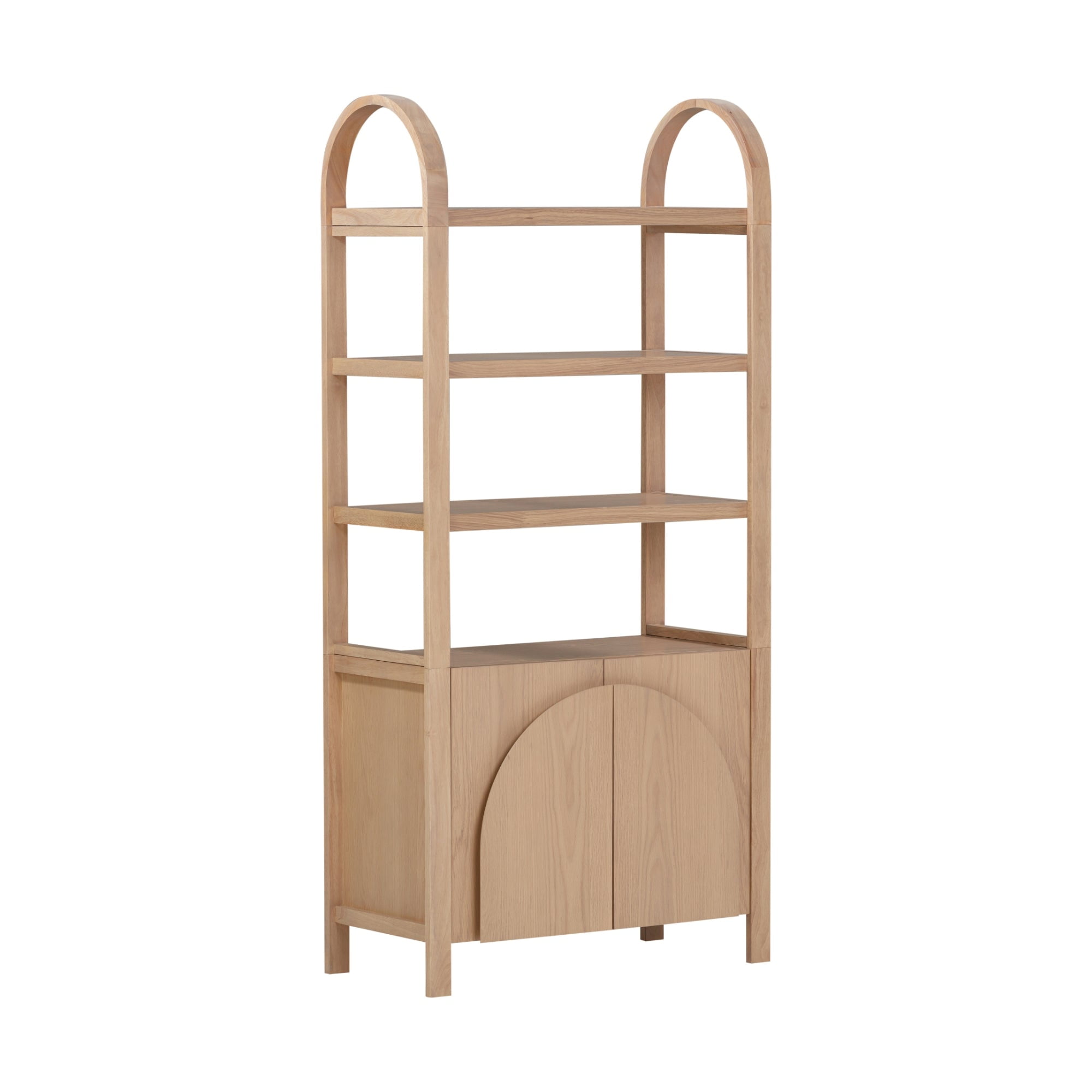 Nathan James Iris 3 Tier Bookshelf, Arched Bookcase Cabinet, Solid Wood Bookcase with Cabinet Base, Boho Bookshelf in Raw Oak Finish
