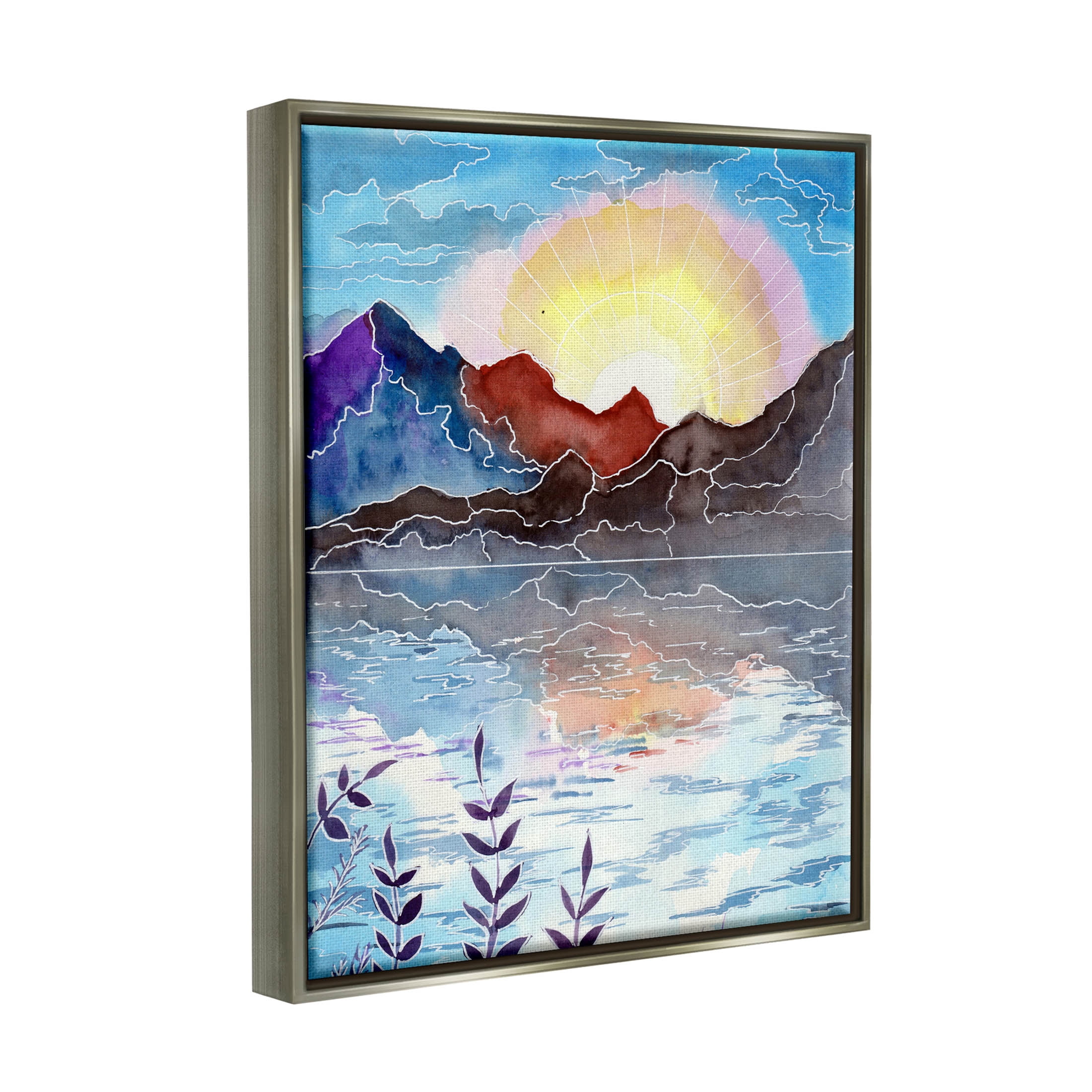 Mountain Lake Nature Outline Landscape Graphic Art Luster Gray Framed Art Print Wall Art