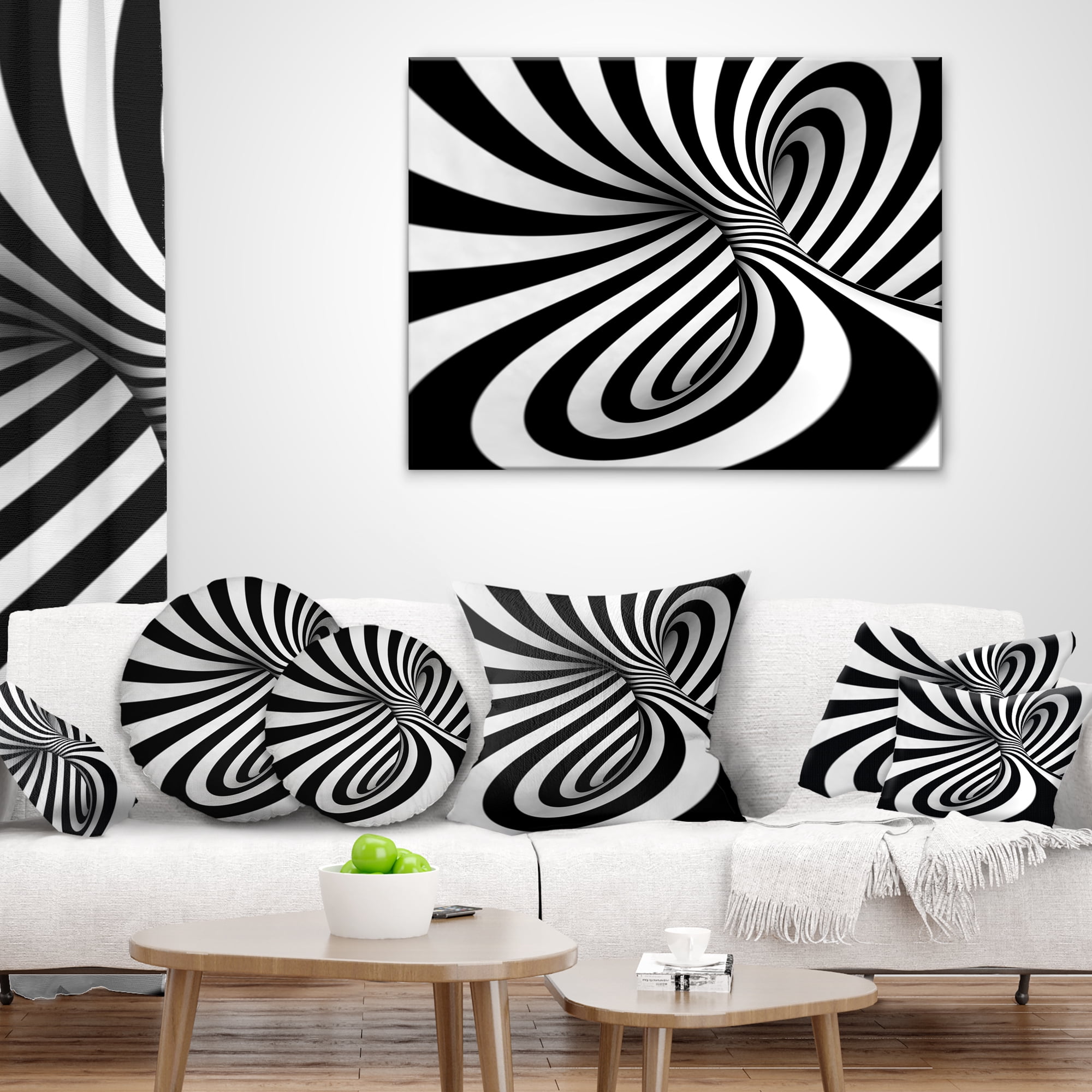 Designart Spiral Black n White - Contemporary Throw Pillow - 12x20