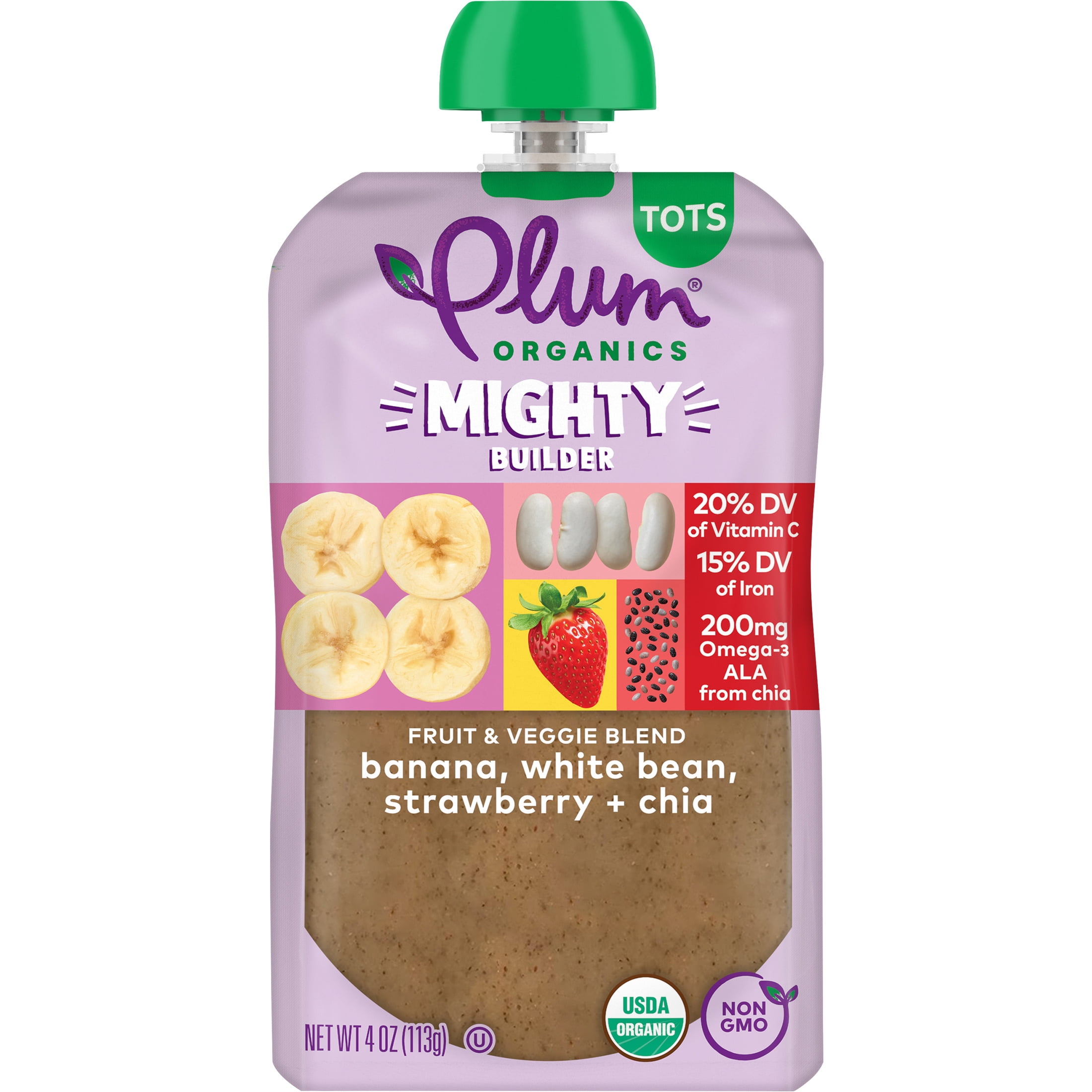 (3 pack) Plum Organics® Tots Mighty Builder Fruit & Veggie Blend Banana, White Bean, Strawberry + Chia 4oz Pouch