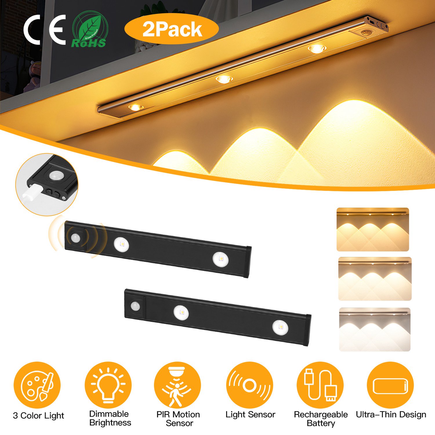 Moclever 2Pack Under Cabinet Lights, 7.87x1.57x0.39in Rechargeable LED Closet Light with Motion Sensor 3 Colors Dimmable for Kitchen Cabinet, Black
