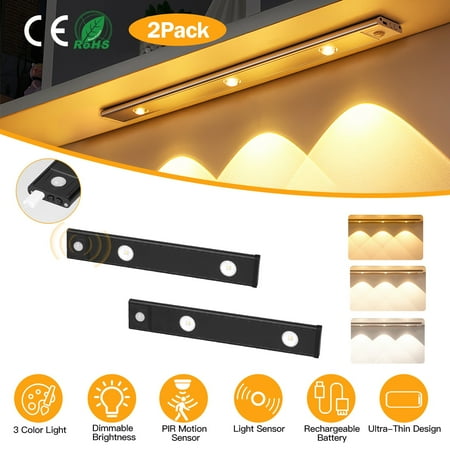 2 Pack Under Cabinet Lights TeqHome 2 LED Cordless Rechargeable Battery Operated Motion Sensor Light Indoor 3 Colors Dimmable Lights for Kitchen Stairs Black S 7.87in