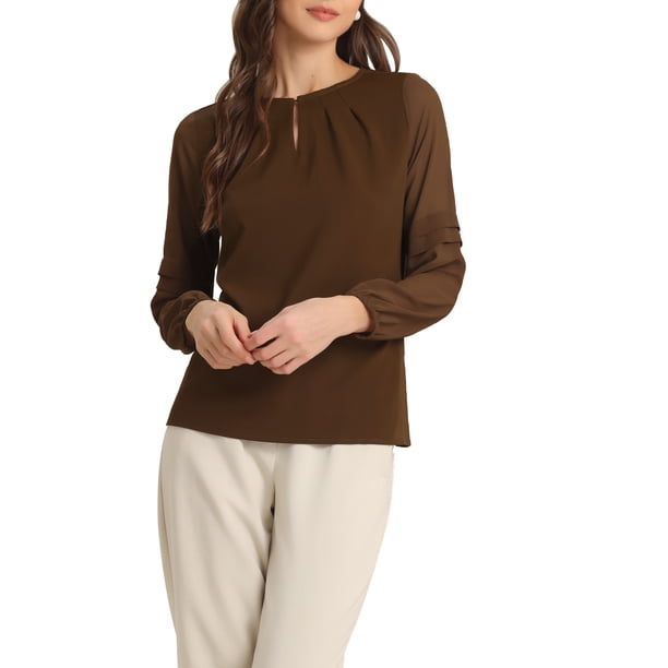 INSPIRAR CHIC Blusa de gasa para mujer con cuello de ojal, mangas de patchwork, elegante top de trabajo en marrón oscuro