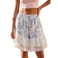 thumbnail image 1 of Shorts bombachos para mujer hasta la rodilla con estampado floral, cintura elástica con cordón ajustable, ribete de encaje y patchwork. Shorts casuales coquetos., 1 of 9