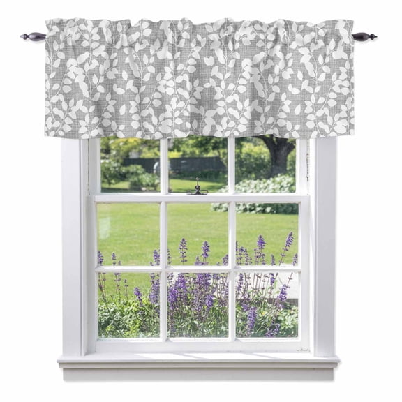White Leaves Valance Curtains, Branch Pattern Rod Pocket Short Window Curtain for Kitchen Bathroom Bedroom, 54"x18"