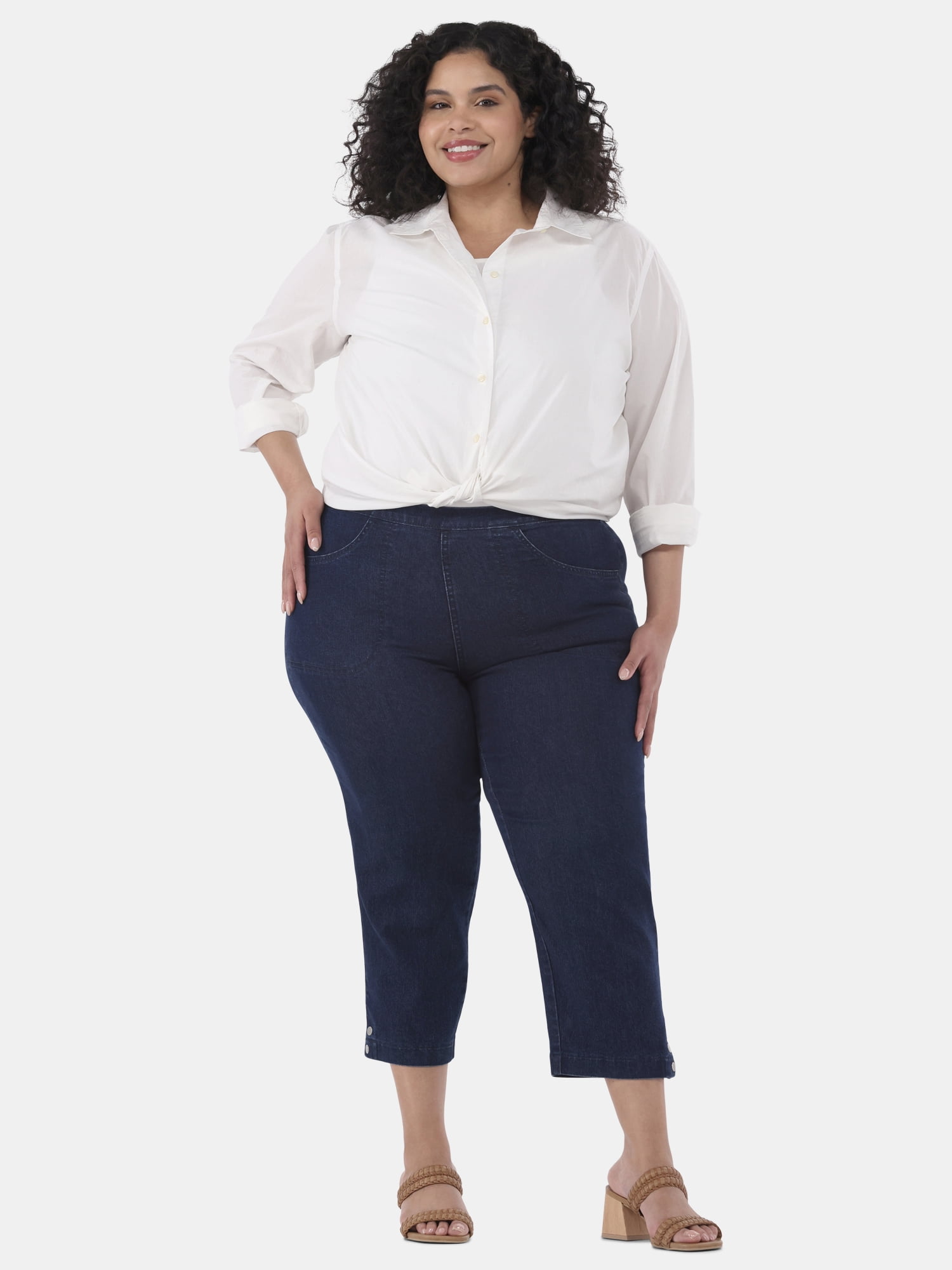 JMS Just My Size by Hanes Women's Plus Snap Hem Pull On Cropped Pants, 23" Inseam, Sizes 0X-4X
