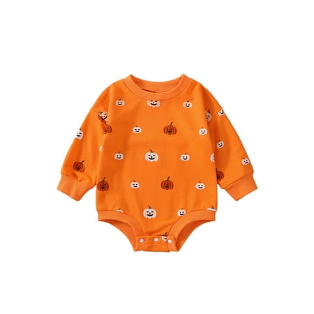 

Meihuida Baby Halloween Romper Long Sleeve Smiling Pumpkin Crew Neck Snap Romper Infant/Toddler Boys Girls Triangle Bottom Jumpsuit