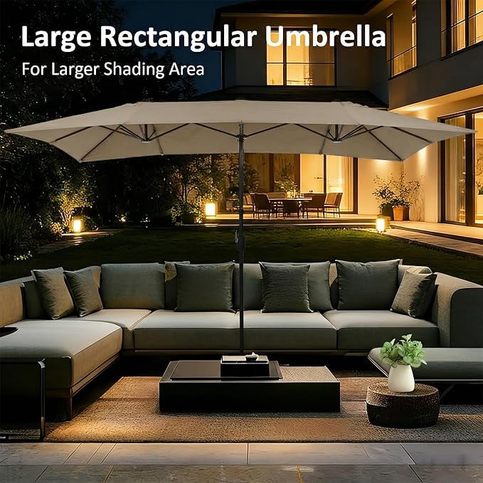 15×15ft Outdoor Patio Umbrella, Double Sided Market Rectangle Umbrella with Crank Handle, Large Sun Shade for Outside Deck, Backyard, Garden（Beige）