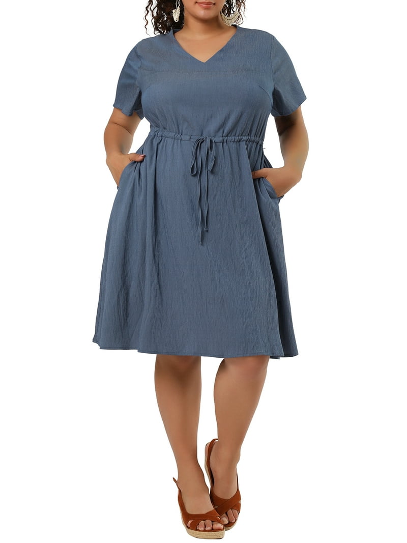 Unique Bargains Women's Plus V Neck Short Sleeve A-Line Denim Dresses 4X Dark Blue Unique Bargains Women's Plus V Neck Short Sleeve A-Line Denim Dresses 4X Dark Blue