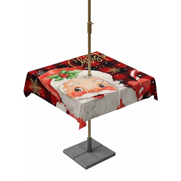 Outdoor Tablecloth with Umbrella Hole and Zipper, Red Plaid Christmas Square Table Cloth 54x54 Inch Waterproof Tablecloth, Santa Xmas Snowflake Farmhouse Picnic Table Cover for Patio Camping